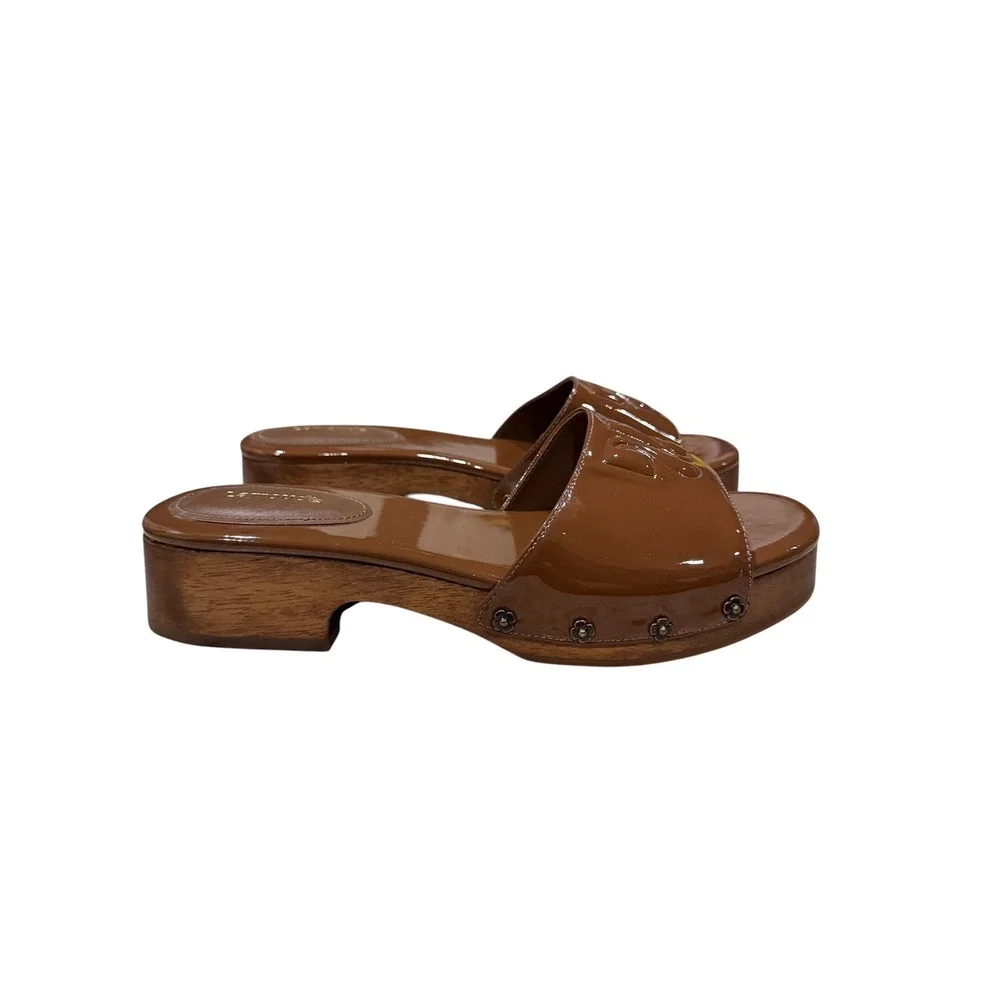 Larroude 8 Miso Platform Slides Caramel Patent Leather Brown Slide Sandal